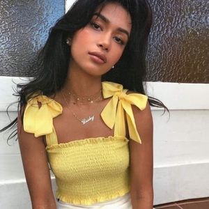 Yellow Rouched Tie Shoulder Crop Top